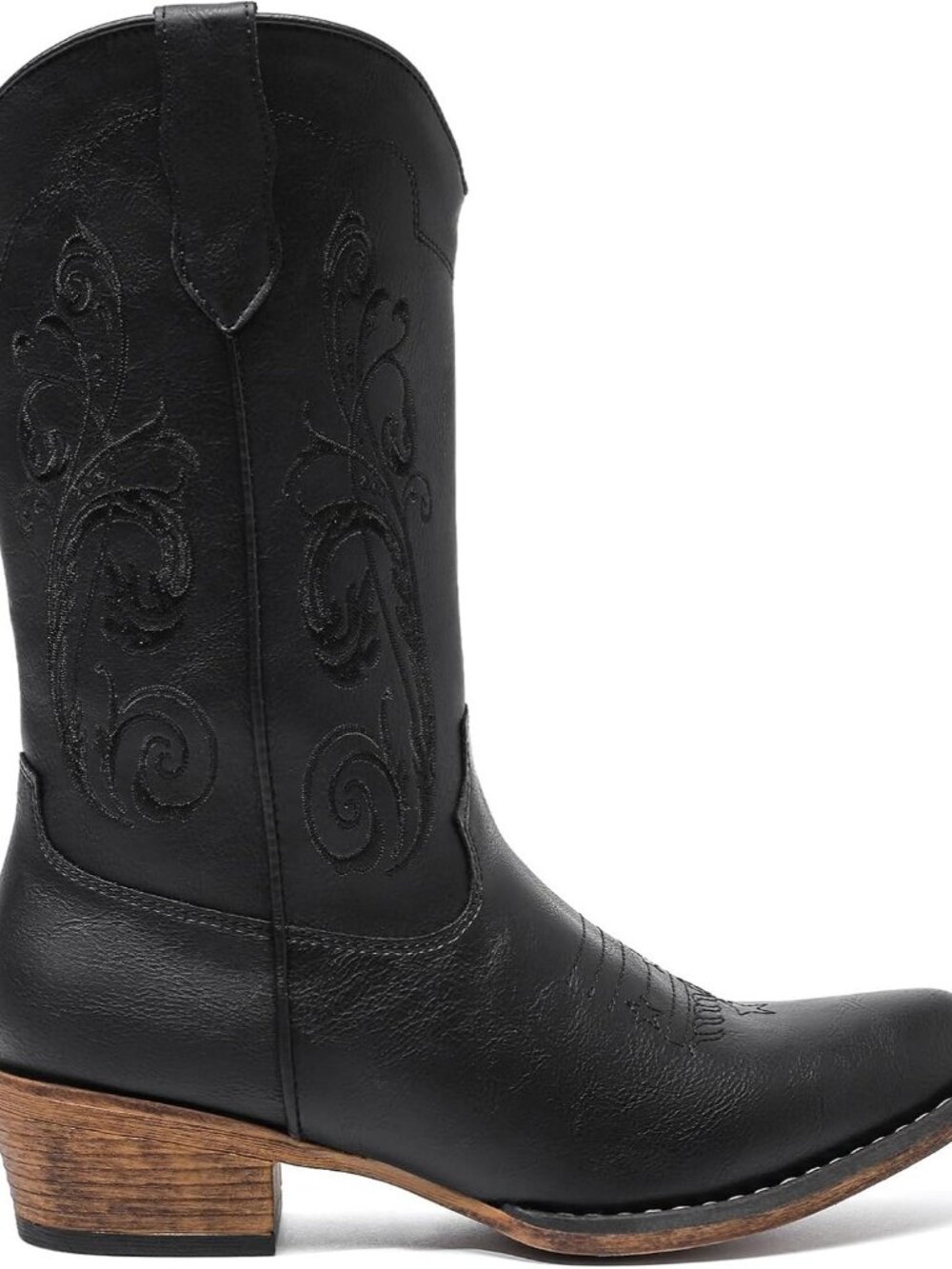 Women's Black Western Mid Boots Embroidered Cowgirl Boots Ladies Pointy Toe - Picture 4 of 7